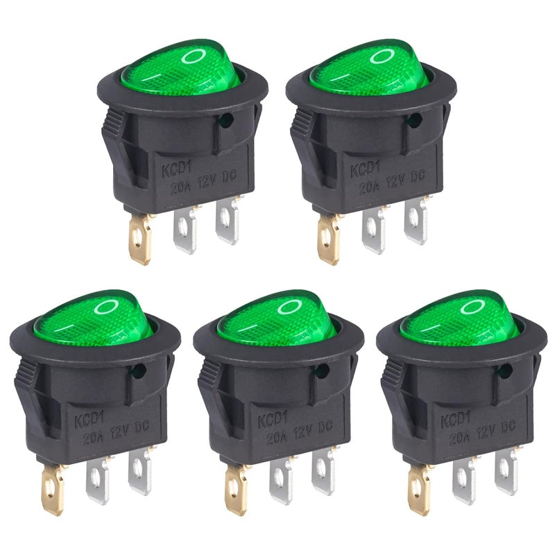 VEXUNGA Round Rocker Switch 12V 20A Green Light Iluminated Small Rocker Switch On Off 3 Pin Circle Square Toggles Switches for RV Car Truck Boat (Pack of 5pcs) - Image 1